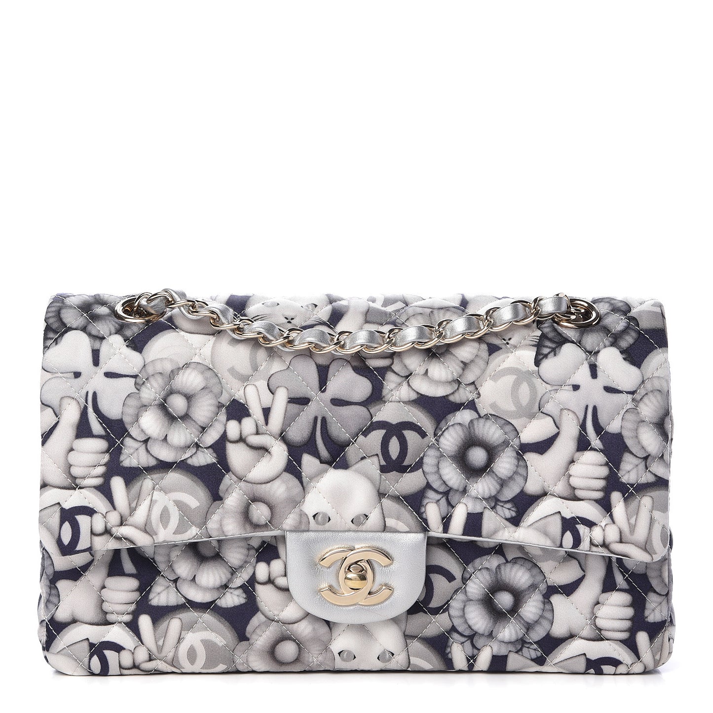Nylon Quilted Medium Cat Emoticon Double Flap Navy Grey Ecru