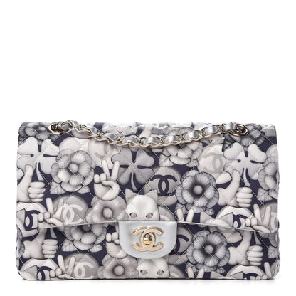 Chanel Nylon Quilted Medium Cat Emoticon Double Flap Navy Grey Ecru 1 of 10
