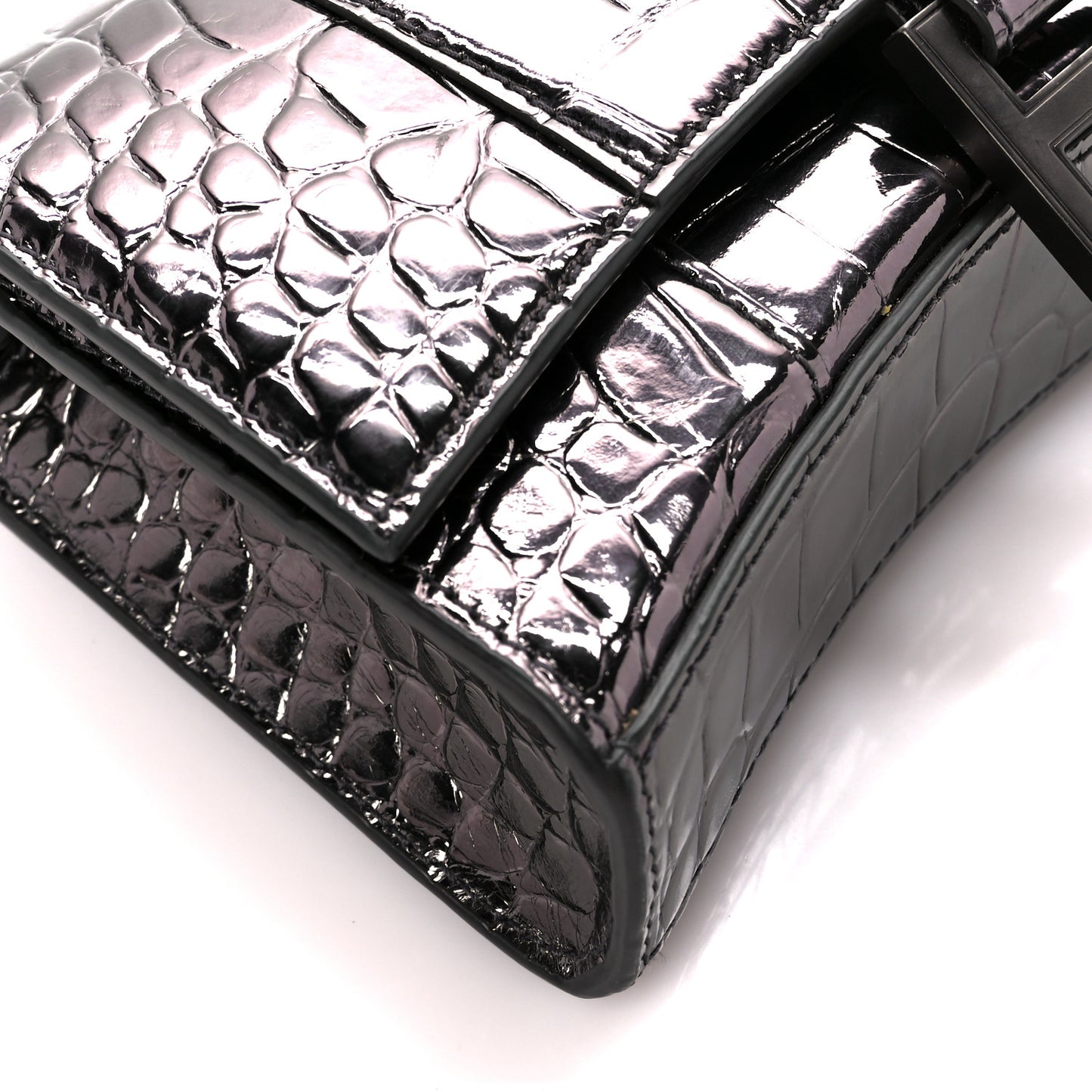 Shiny Calfskin Crocodile Embossed Hourglass Chain Bag Gunmetal