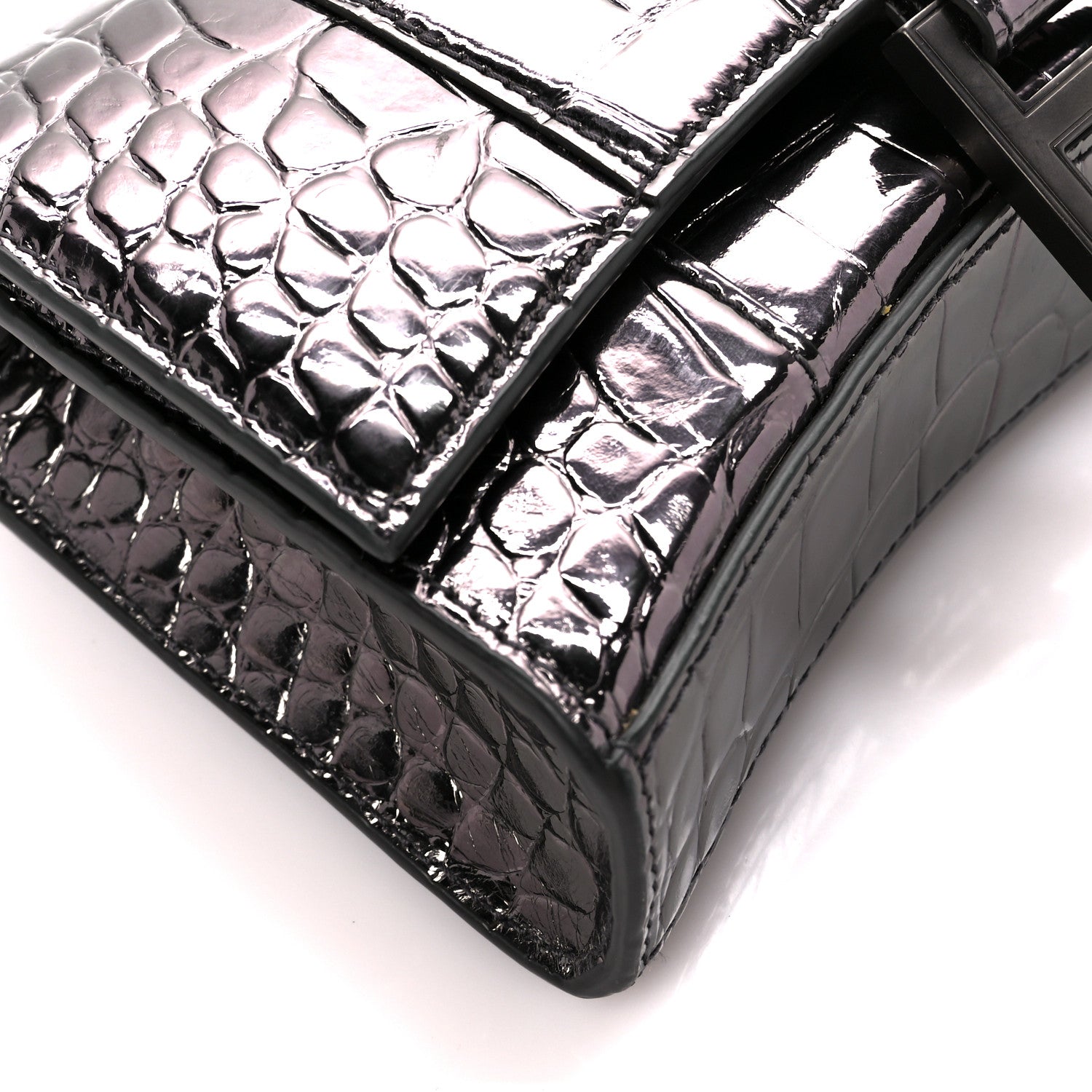 Balenciaga Shiny Calfskin Crocodile Embossed Hourglass Chain Bag Gunmetal 8 of 9