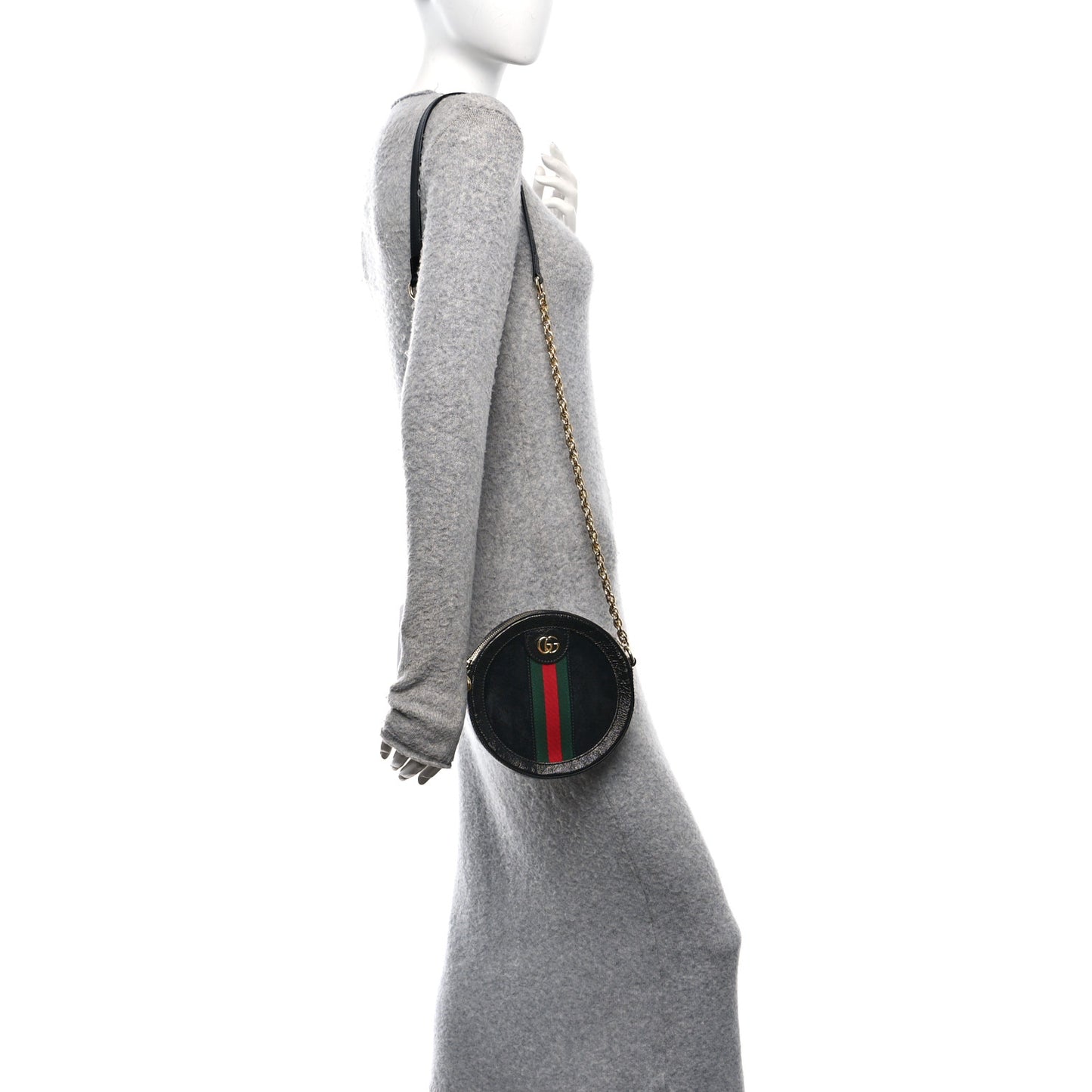 Suede Patent Web Mini Ophidia Round Shoulder Bag Black