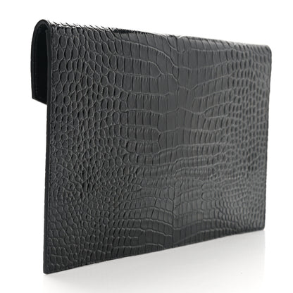 Saint Laurent Calfskin Crocodile Embossed Uptown Monogram Pouch Black 3 of 8