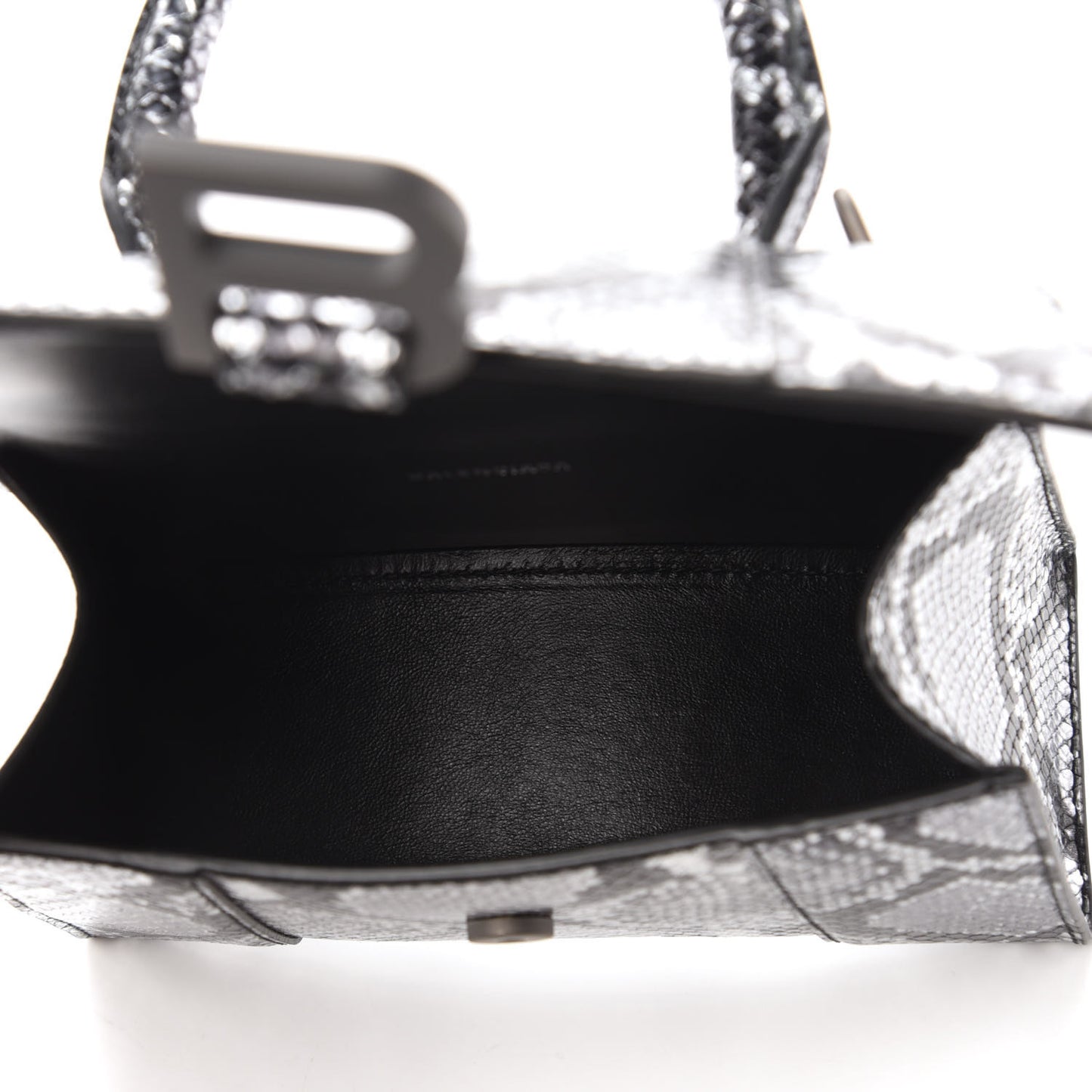 Shiny Calfskin Snakeskin Embossed Hourglass Top Handle Bag XS Silver Black