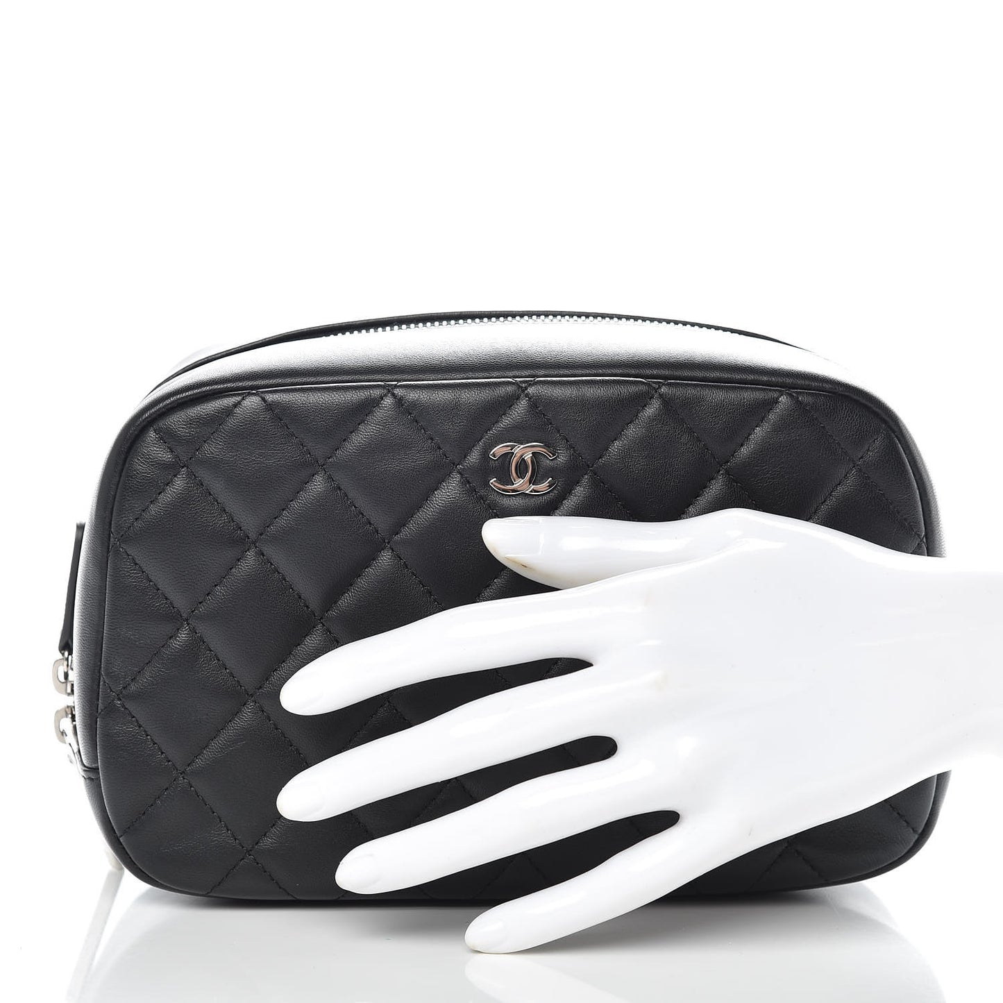 Lambskin Quilted Medium Curvy Pouch Cosmetic Case Black