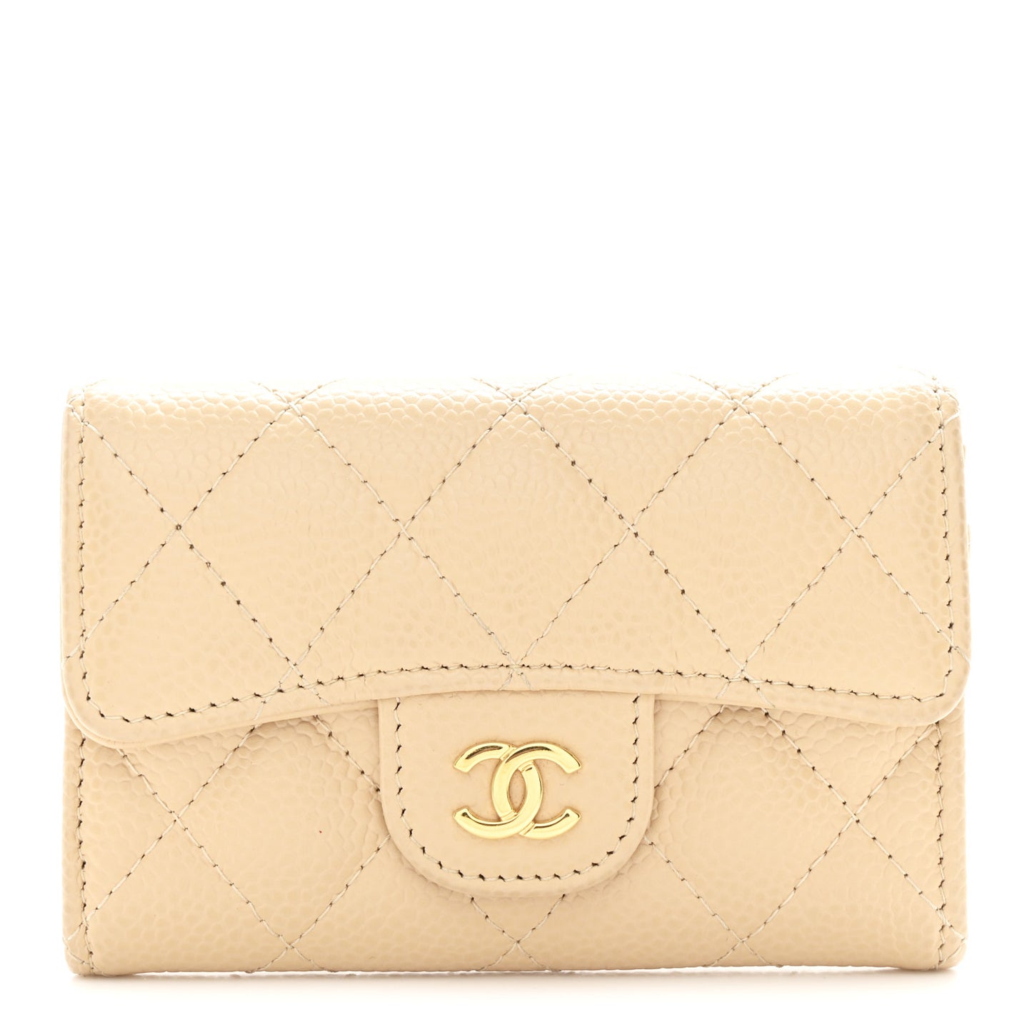 Caviar Quilted Flap Card Holder Wallet Beige