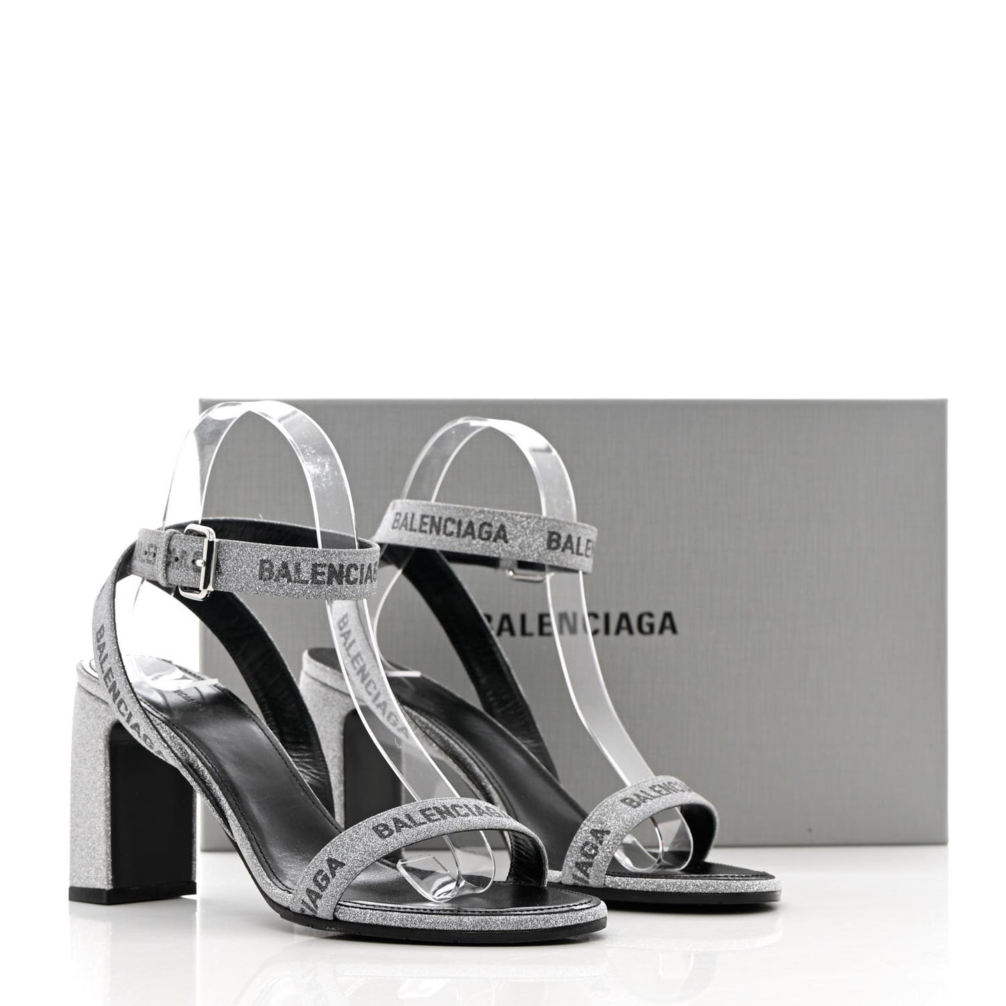 Glitter Allover Logo Ankle Strap Round Heel 80mm Sandals 39 Silver Black