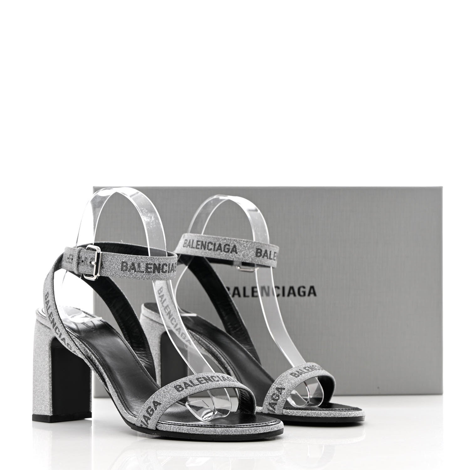 Balenciaga Glitter Allover Logo Ankle Strap Round Heel 80mm Sandals 39 Silver Black 14 of 14