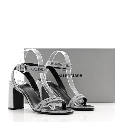 Balenciaga Glitter Allover Logo Ankle Strap Round Heel 80mm Sandals 39 Silver Black 14 of 14
