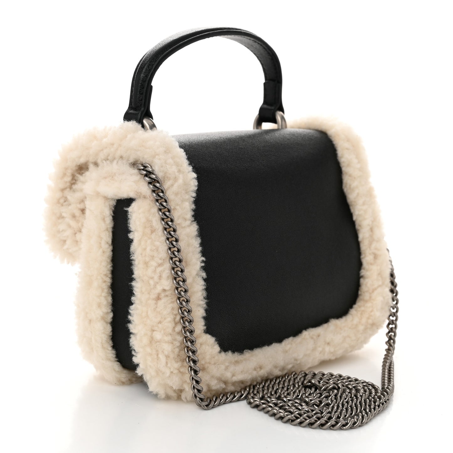 Sakai Be Green Calfskin Shearling Dionysus Top Handle Bag Black