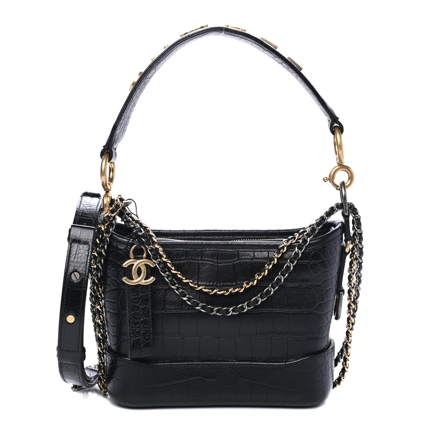 Calfskin Crocodile Embossed Small Gabrielle Cocodile Hobo Black