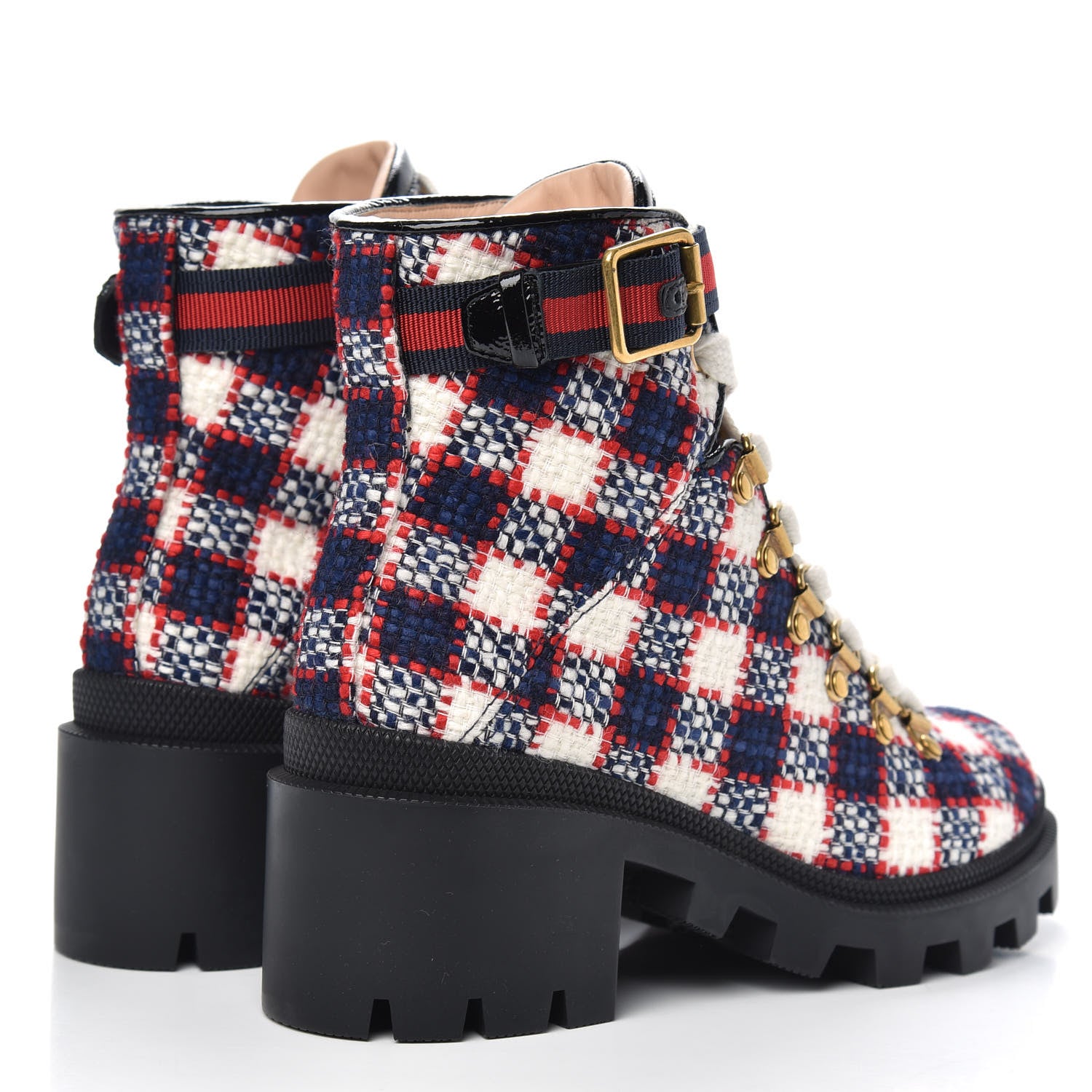 Gucci Vintage Tweed Check Lace Up Combat Ankle Boots 35.5 White Hibiscus Red Marine 4 of 8