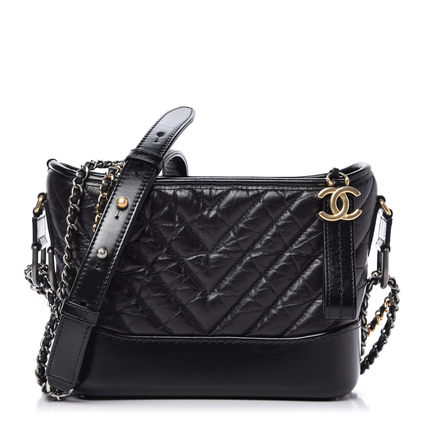 Aged Calfskin Chevron Quilted Small Gabrielle Hobo Black