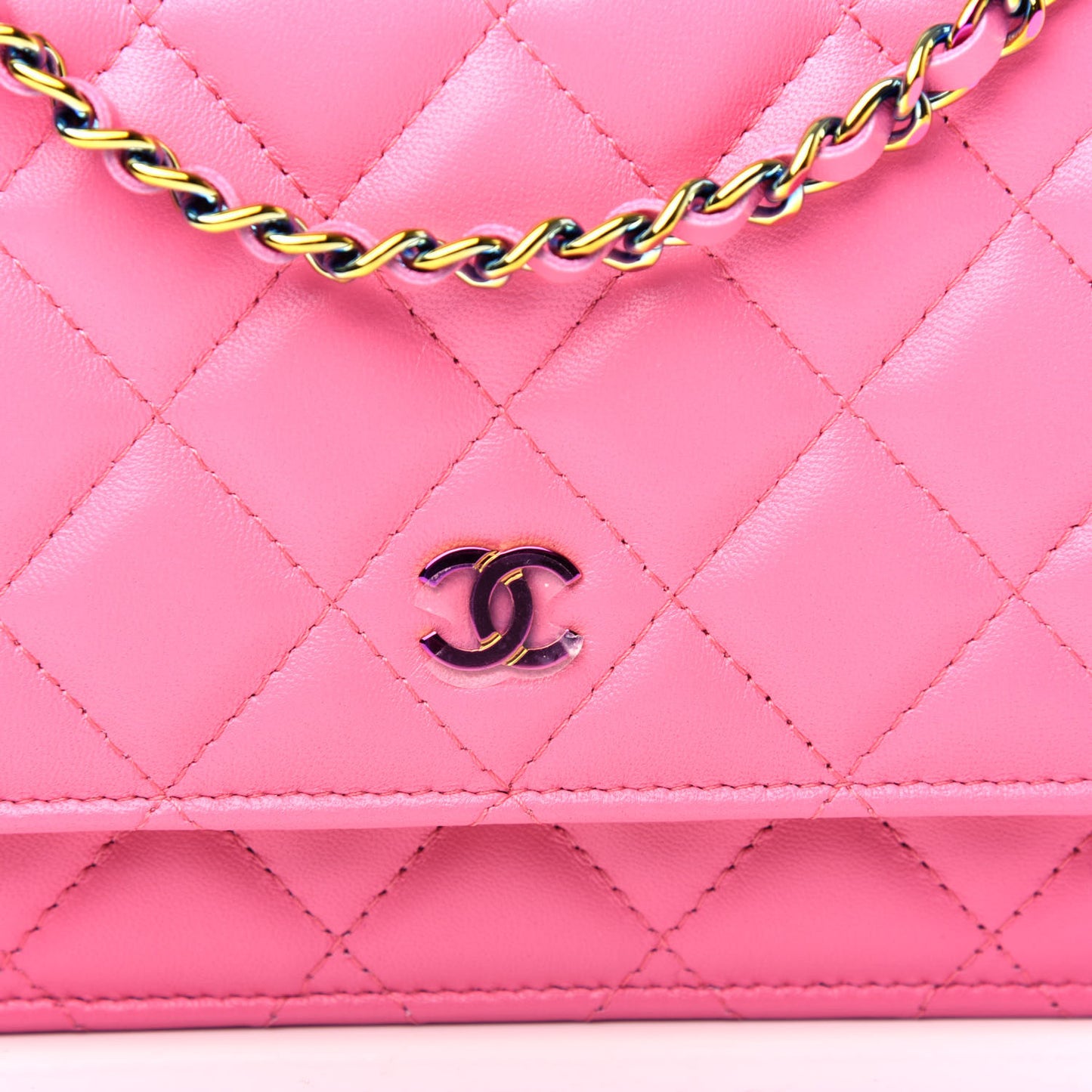 Lambskin Quilted Wallet On Chain WOC Pink Yellow