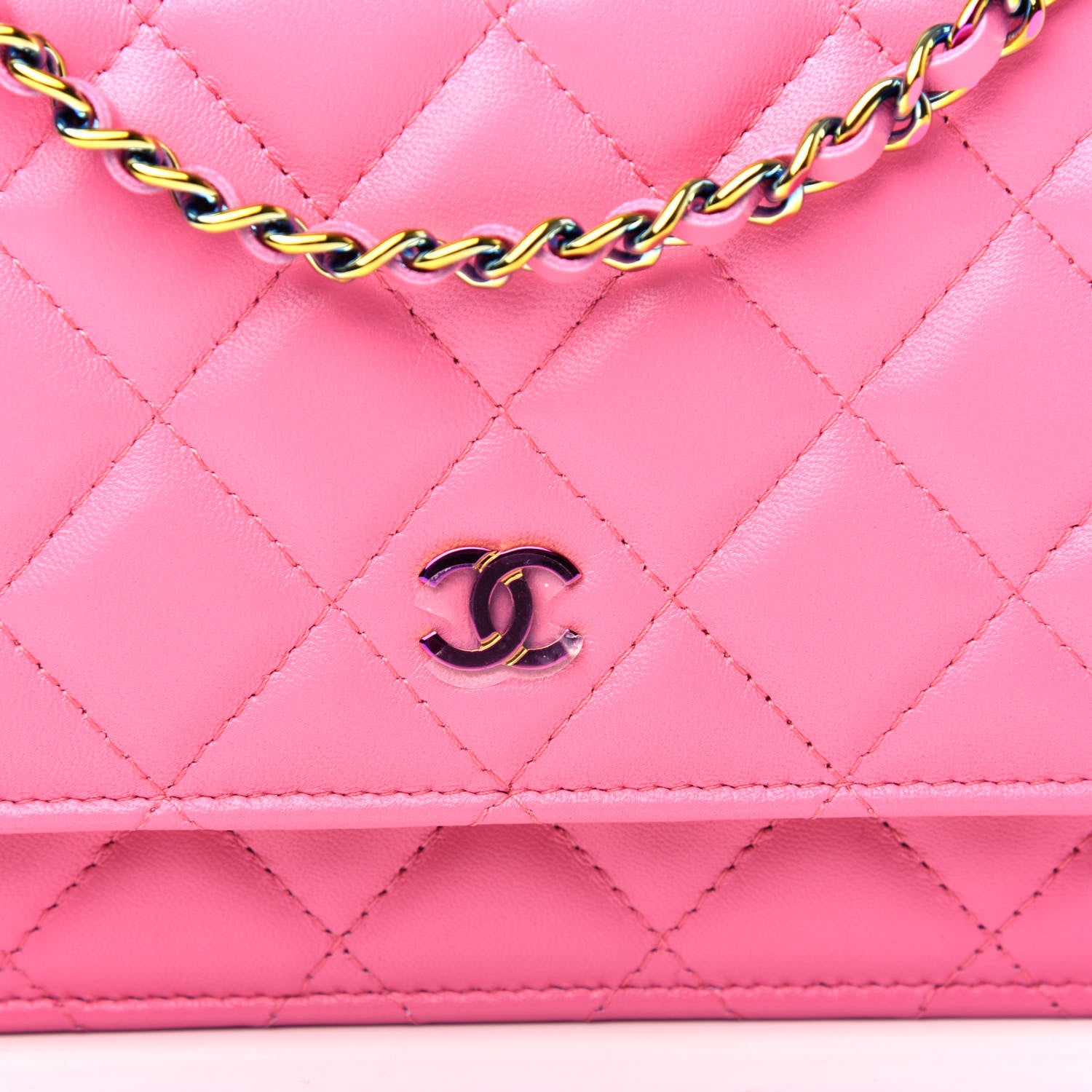 Chanel Lambskin Quilted Wallet On Chain WOC Pink Yellow 10 of 11