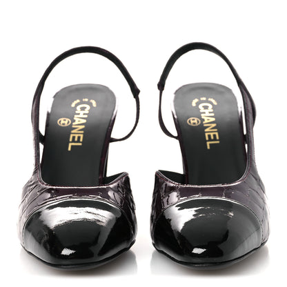 Chanel Patent Calfskin Crocodile Embossed Cap Toe CC Slingback 39 Dark Burgundy Black 3 of 13
