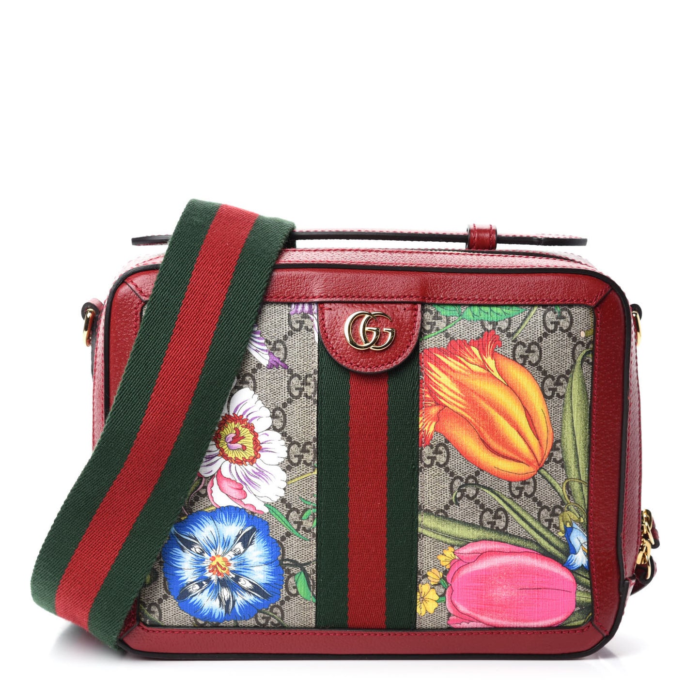 GG Supreme Monogram Flora Web Small Ophidia Top Handle Shoulder Bag Hibiscus Red