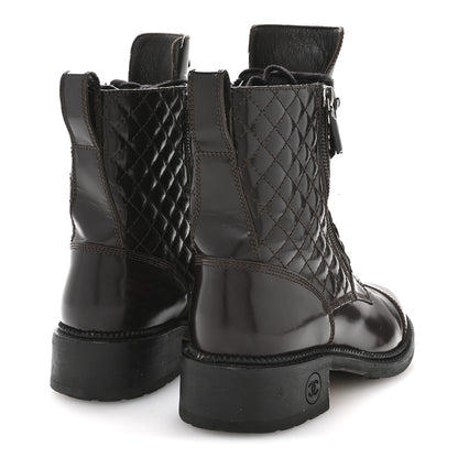 Chanel Shiny Calfskin Quilted CC Lace Up Combat Boots 37.5 Dark Burgundy 5 of 9