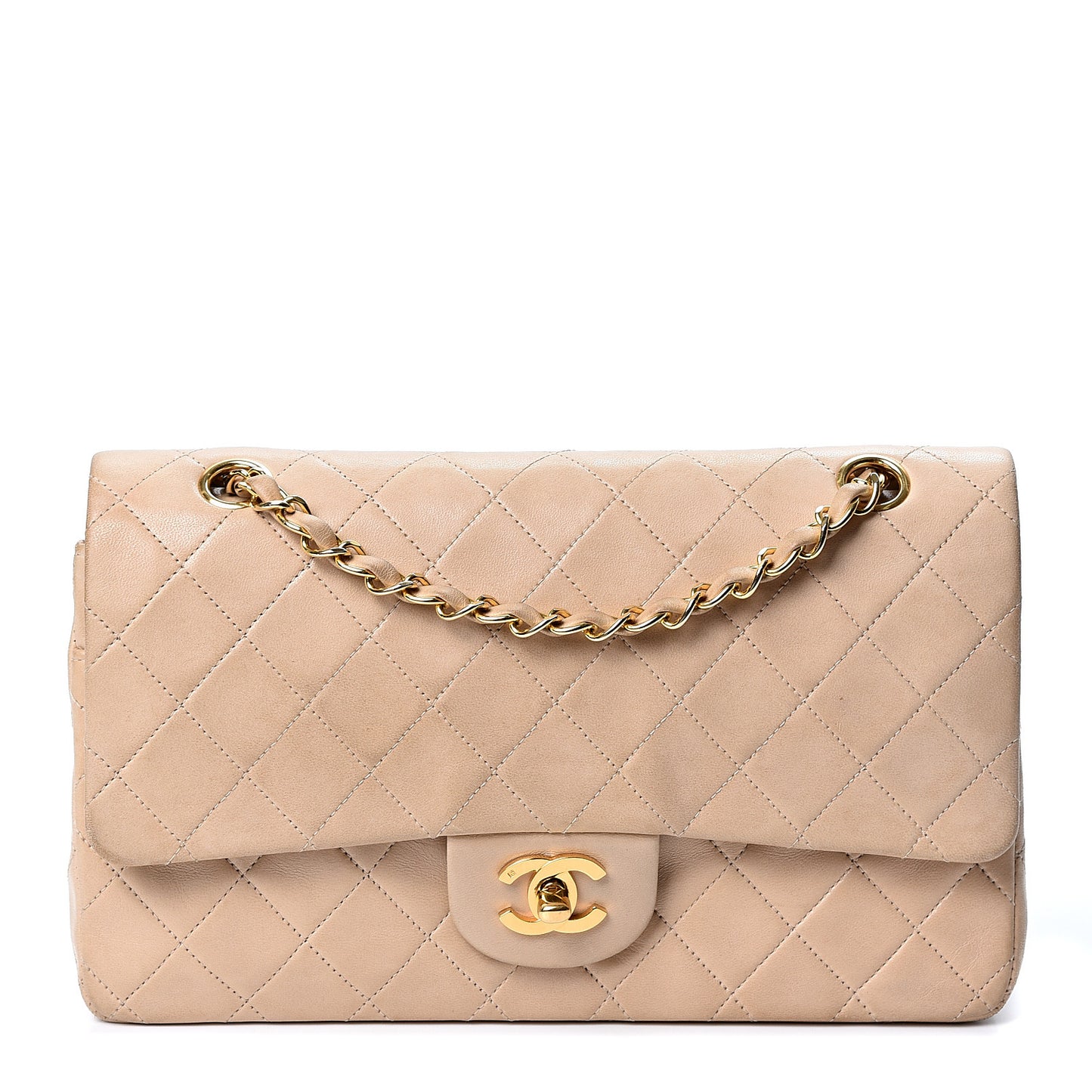 Lambskin Quilted Medium Double Flap Beige