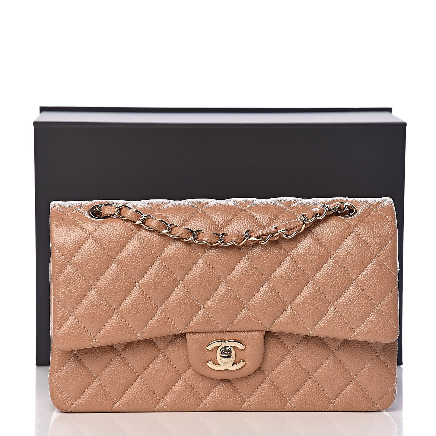 Caviar Quilted Medium Double Flap Beige