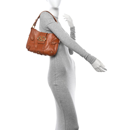 Valentino Garavani Calfskin Stitched Beaded Crystal Logo Catch Shoulder Bag Brown 2 of 16