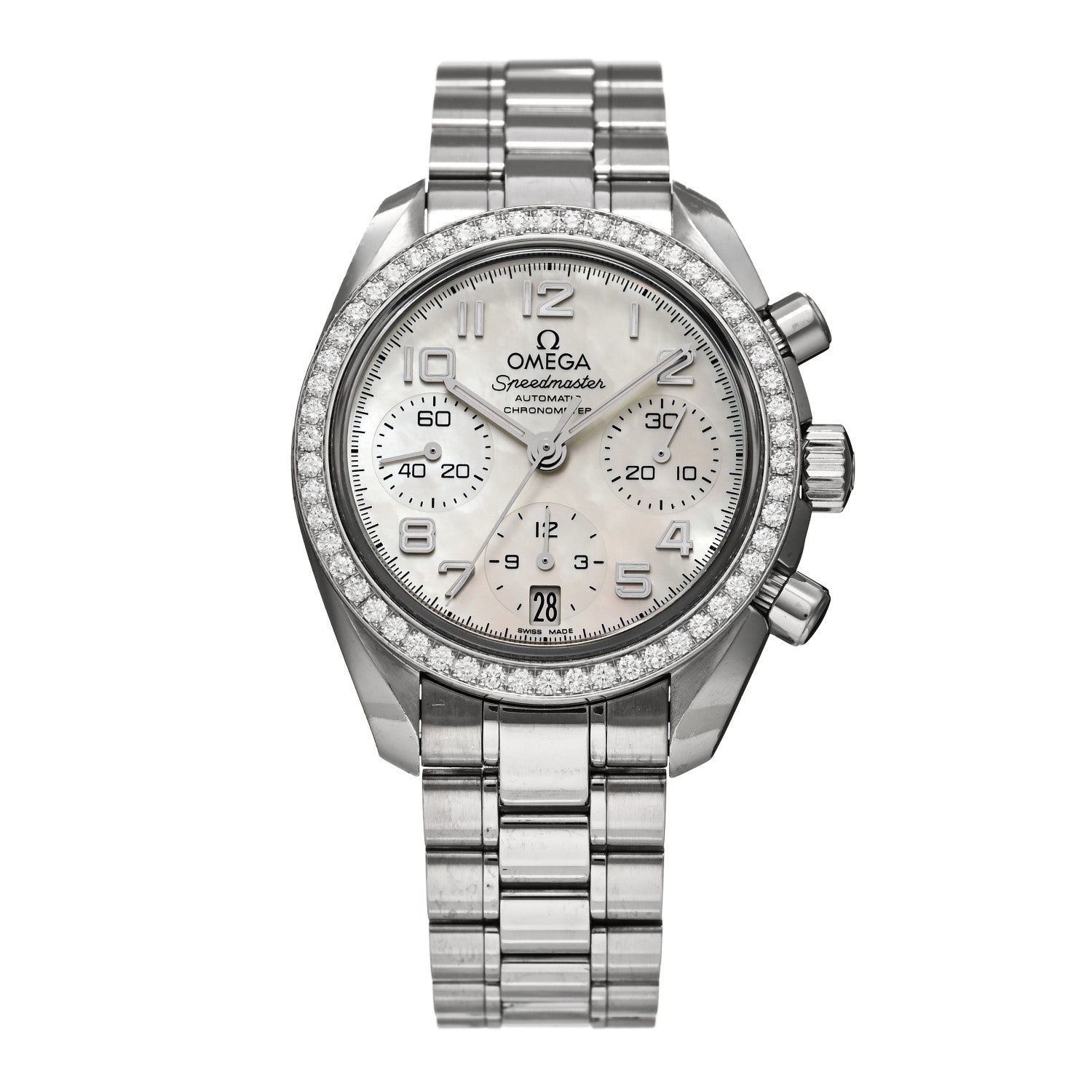 Omega Stainless Steel Diamond Bezel Mother of Pearl 38mm Speedmaster Chronograph Automatic Watch 324.15.38.40.05.001 1 of 5