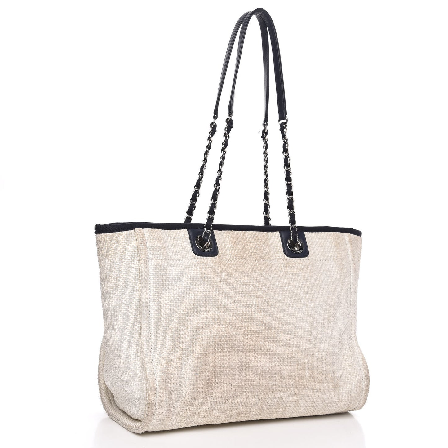 Woven Straw Raffia Small Deauville Tote White Navy