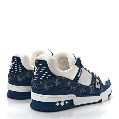 Louis Vuitton Calfskin Embossed Monogram Denim Mens LV Trainer Sneakers 9 Blue 4 of 8