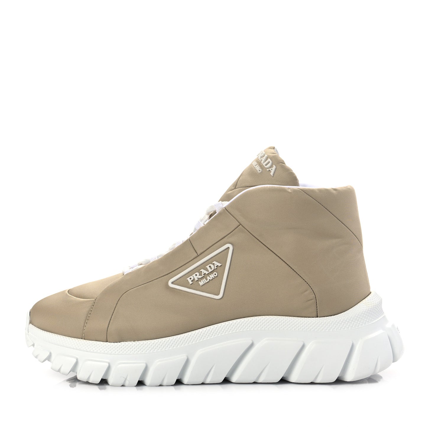 Re-Nylon Gabardine Rubber Triangle Logo Quilted Womens Rush Piuma 50mm Mid Sneakers 40.5 Deserto