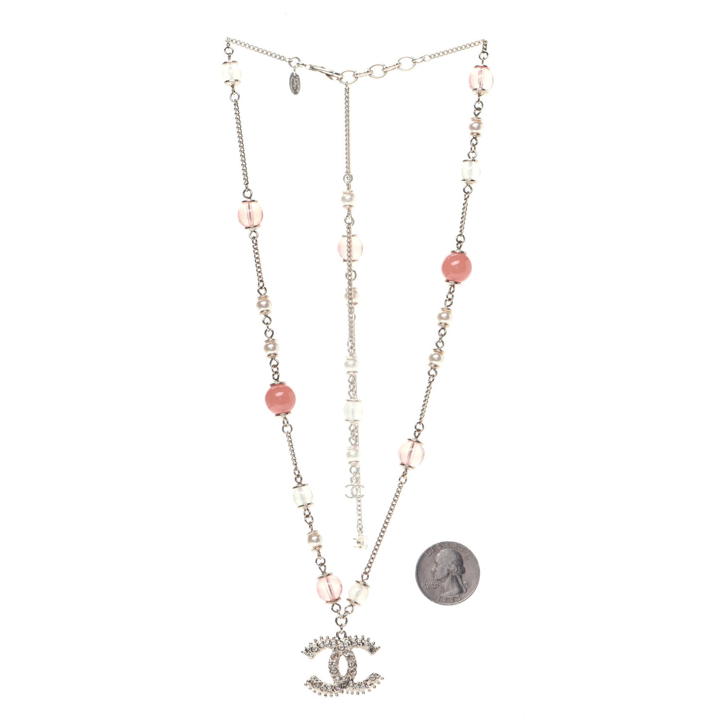 Beaded Pearl Crystal CC Long Necklace Gold Coral