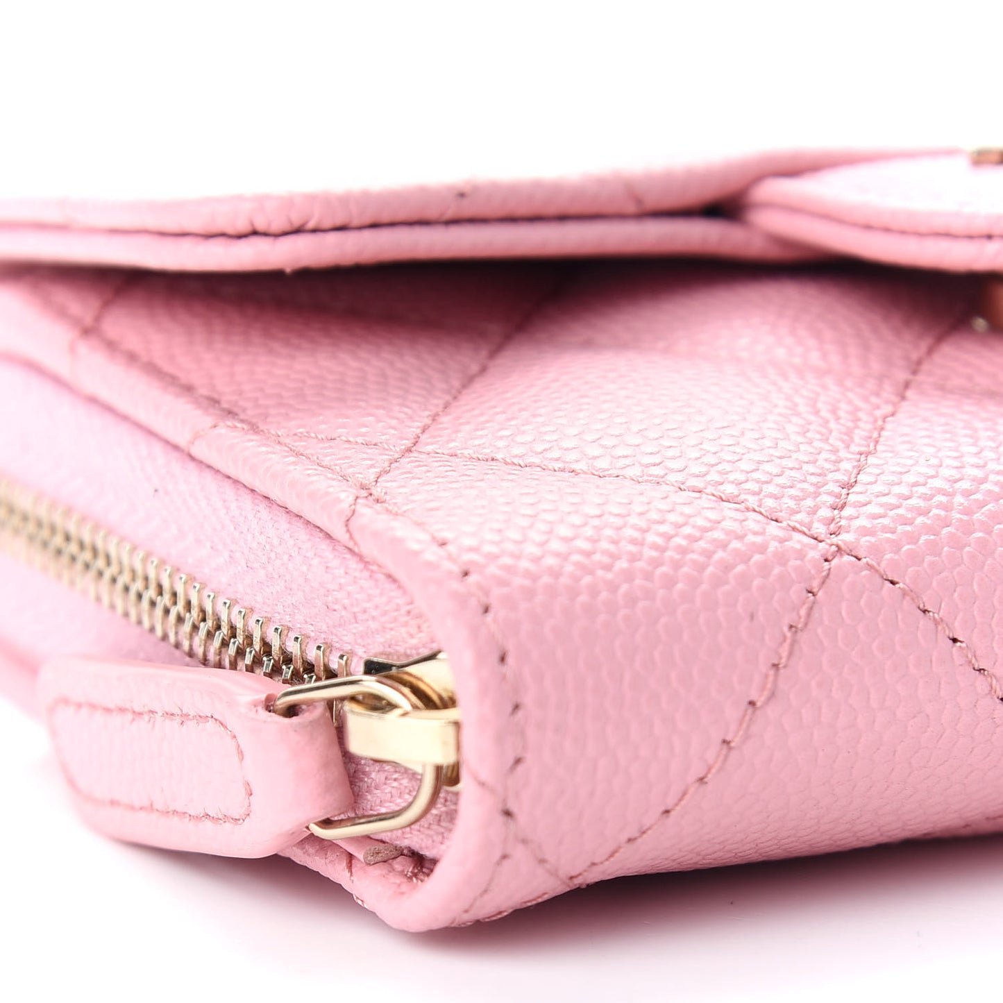 Caviar Quilted Flap Zip Card Holder On Chain Pink