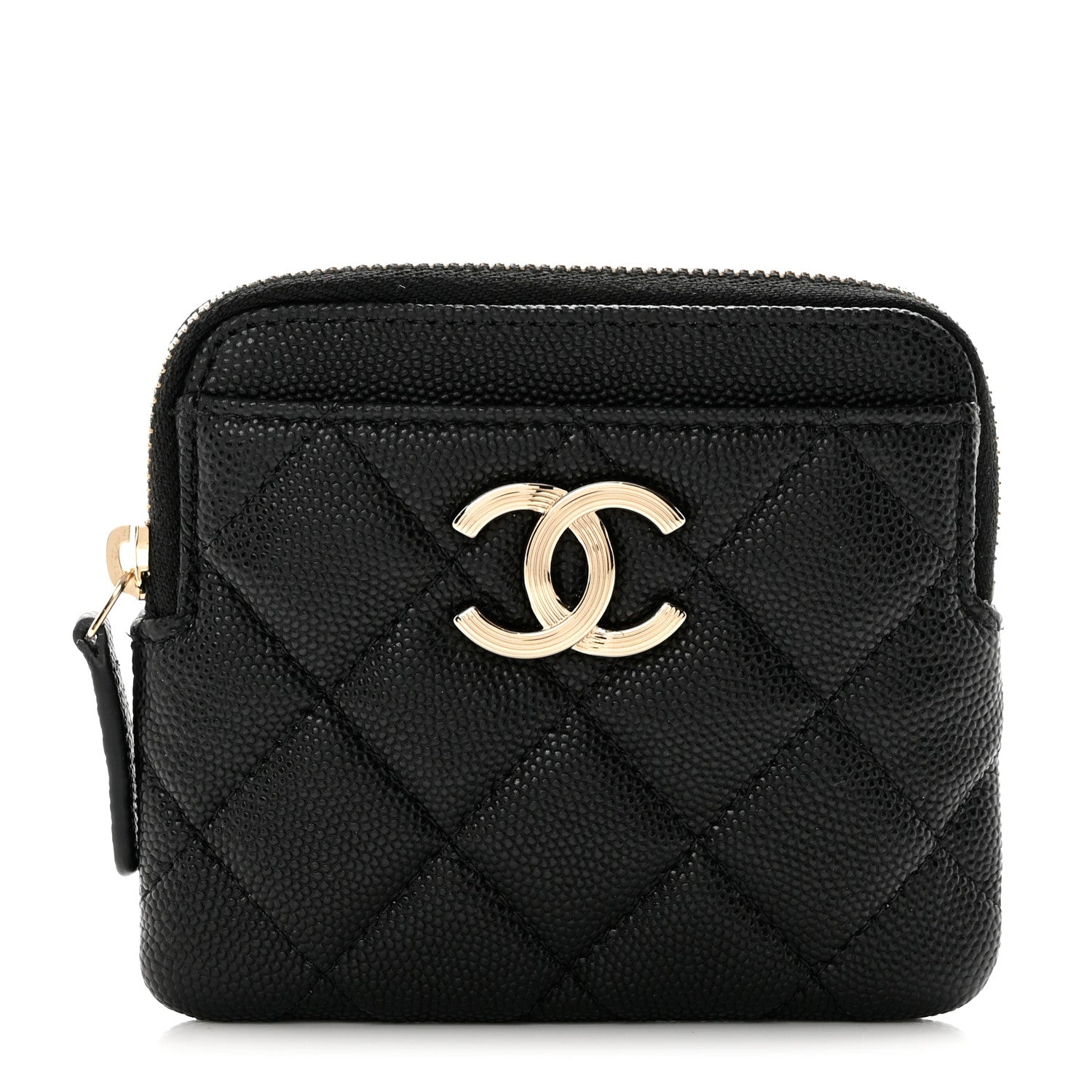Chanel Caviar Metal Quilted Striated Zip Card Holder Wallet Black 1 of 9