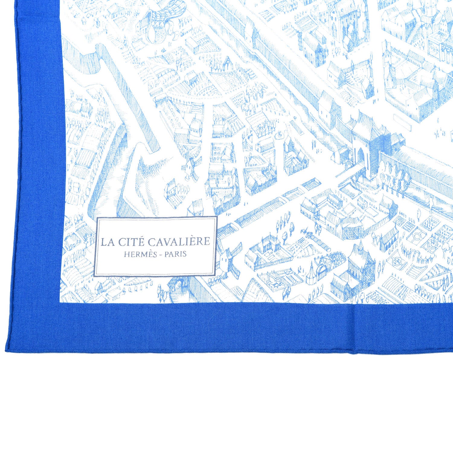 Hermes Cashmere Silk La Cite Cavaliere Shawl 140 Bleu Roy White Encre 2 of 5