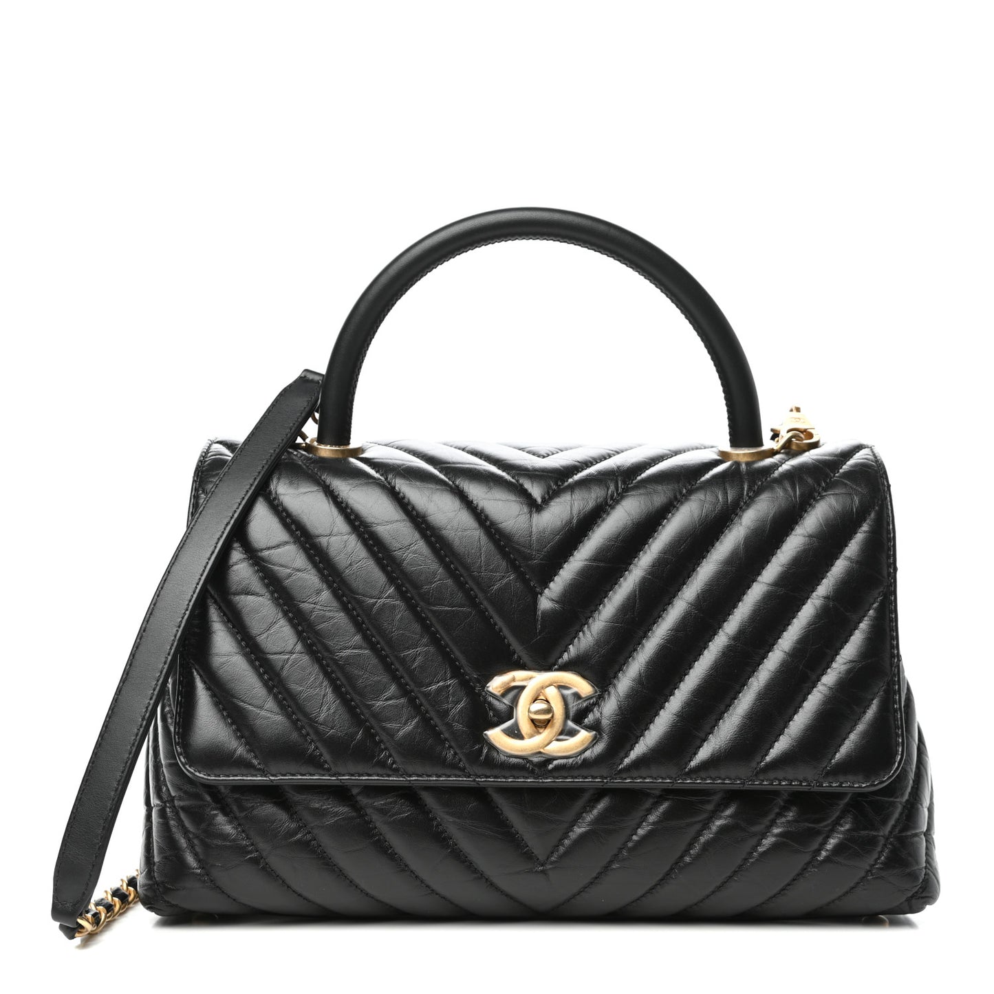 Aged Calfskin Chevron Quilted Small Coco Handle Flap Black