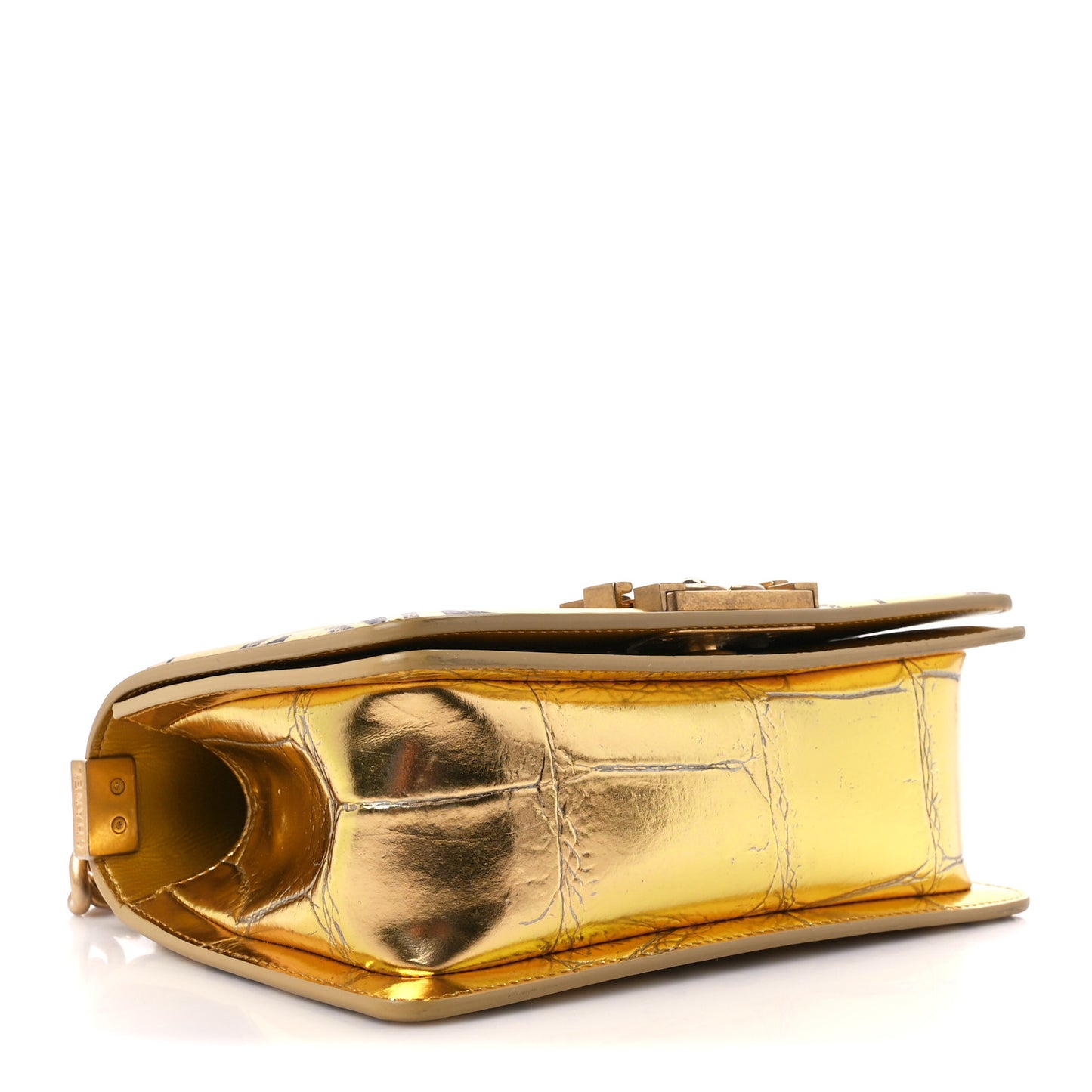 Metallic Calfskin Crocodile Embossed Graffiti Medium Cocodile Boy Flap Gold