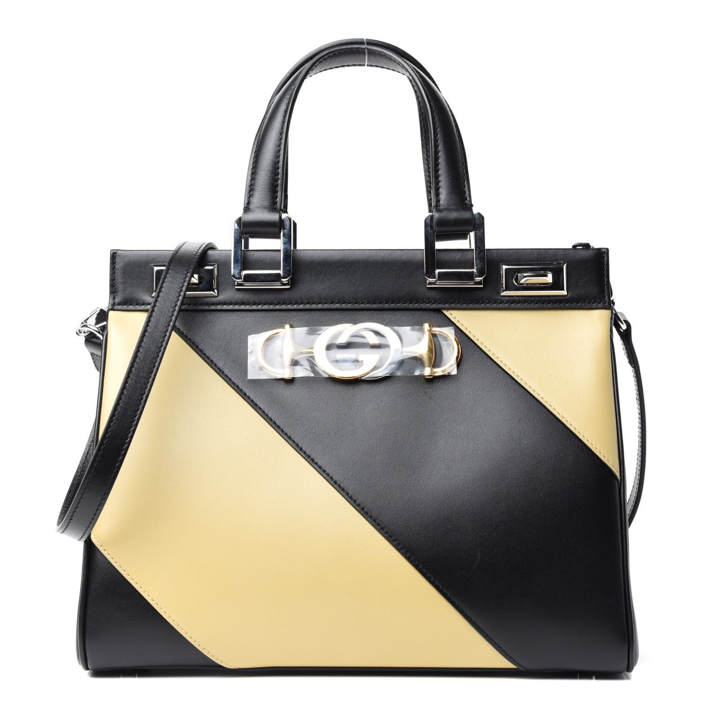 Smooth Calfskin Diagonal Striped Small Zumi Top Handle Bag Black Beige