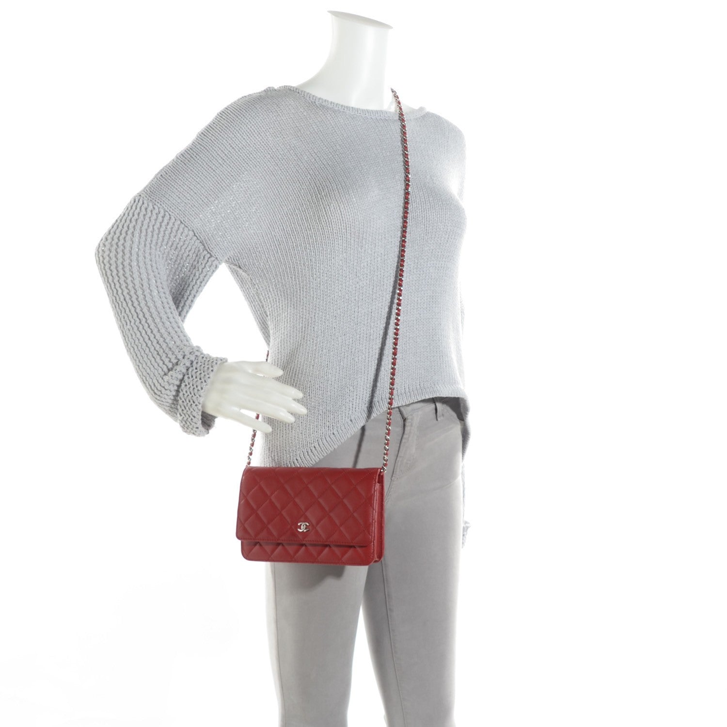 Chanel Lambskin Quilted Wallet On Chain WOC Red 2 of 8