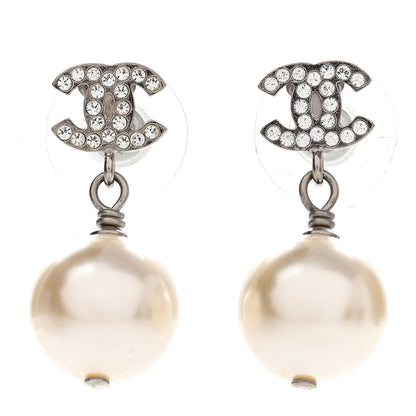 Chanel Crystal Pearl CC Drop Earrings Silver Pearly White 1 of 4