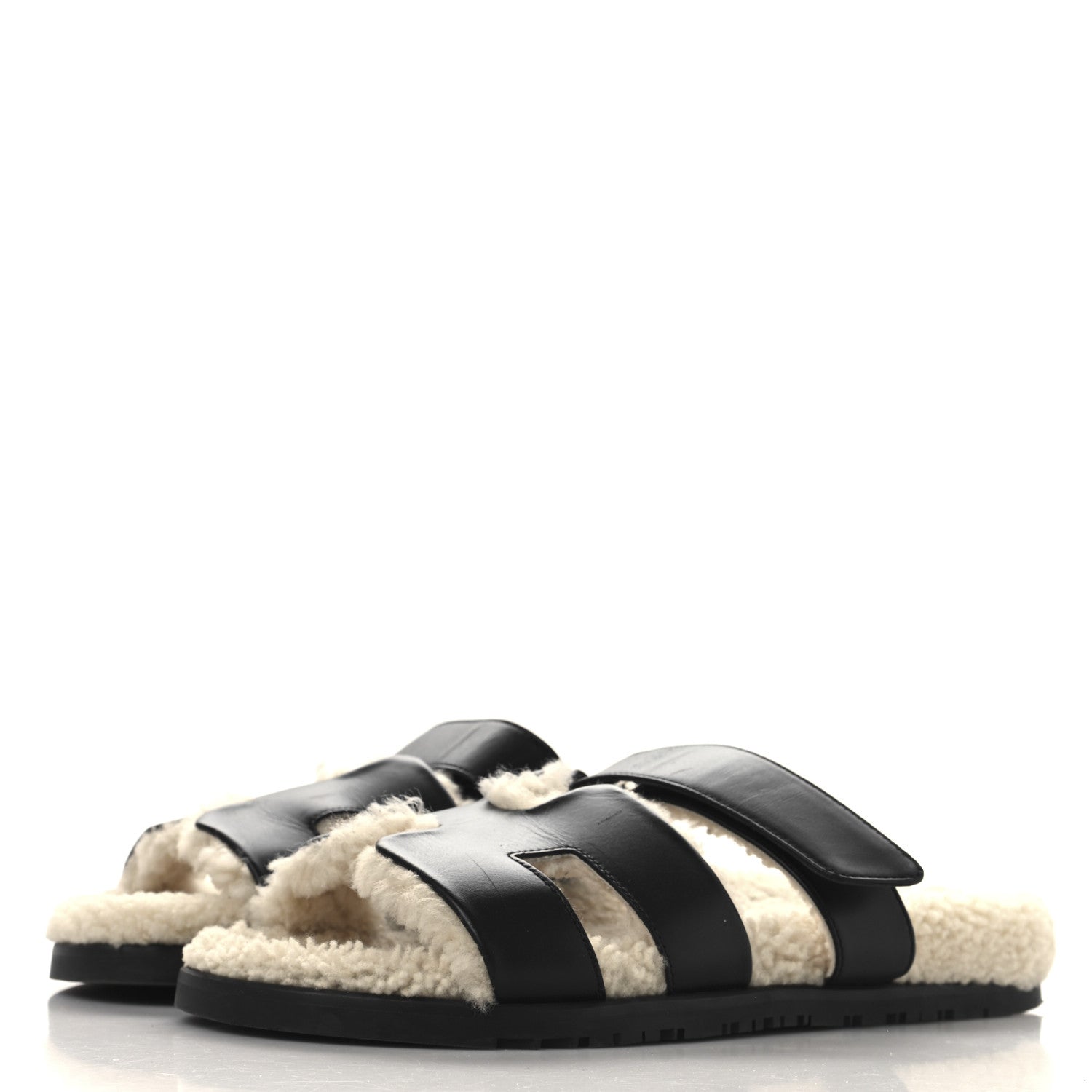 Hermes Calfskin Woolskin Mens Chypre Sandals 41.5 Black Ecru 4 of 9