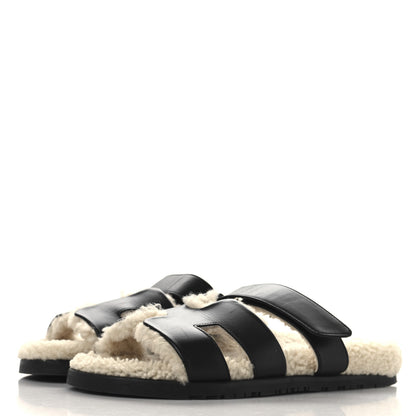 Hermes Calfskin Woolskin Mens Chypre Sandals 41.5 Black Ecru 4 of 9