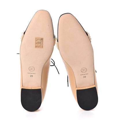 Chanel Goatskin Grosgrain Pearl Cap Toe Lace Up Oxfords 39 Beige Black 5 of 9