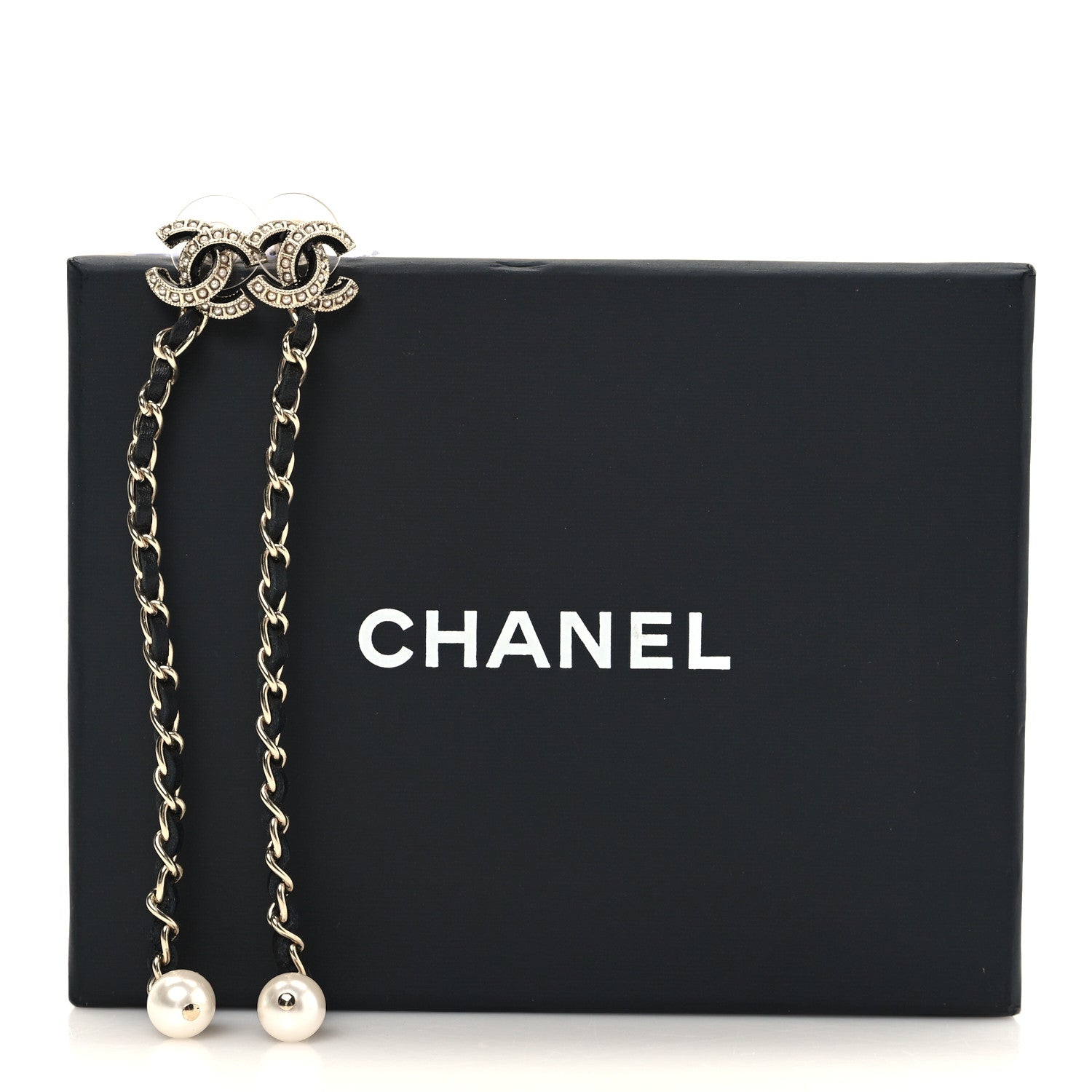 Chanel Lambskin Chain Crystal Pearl CC Drop Earrings Gold 5 of 5