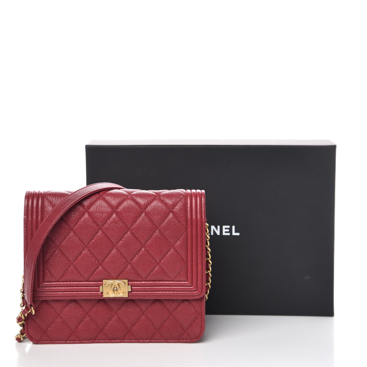 Caviar Quilted Boy Square Wallet on Chain WOC Burgundy