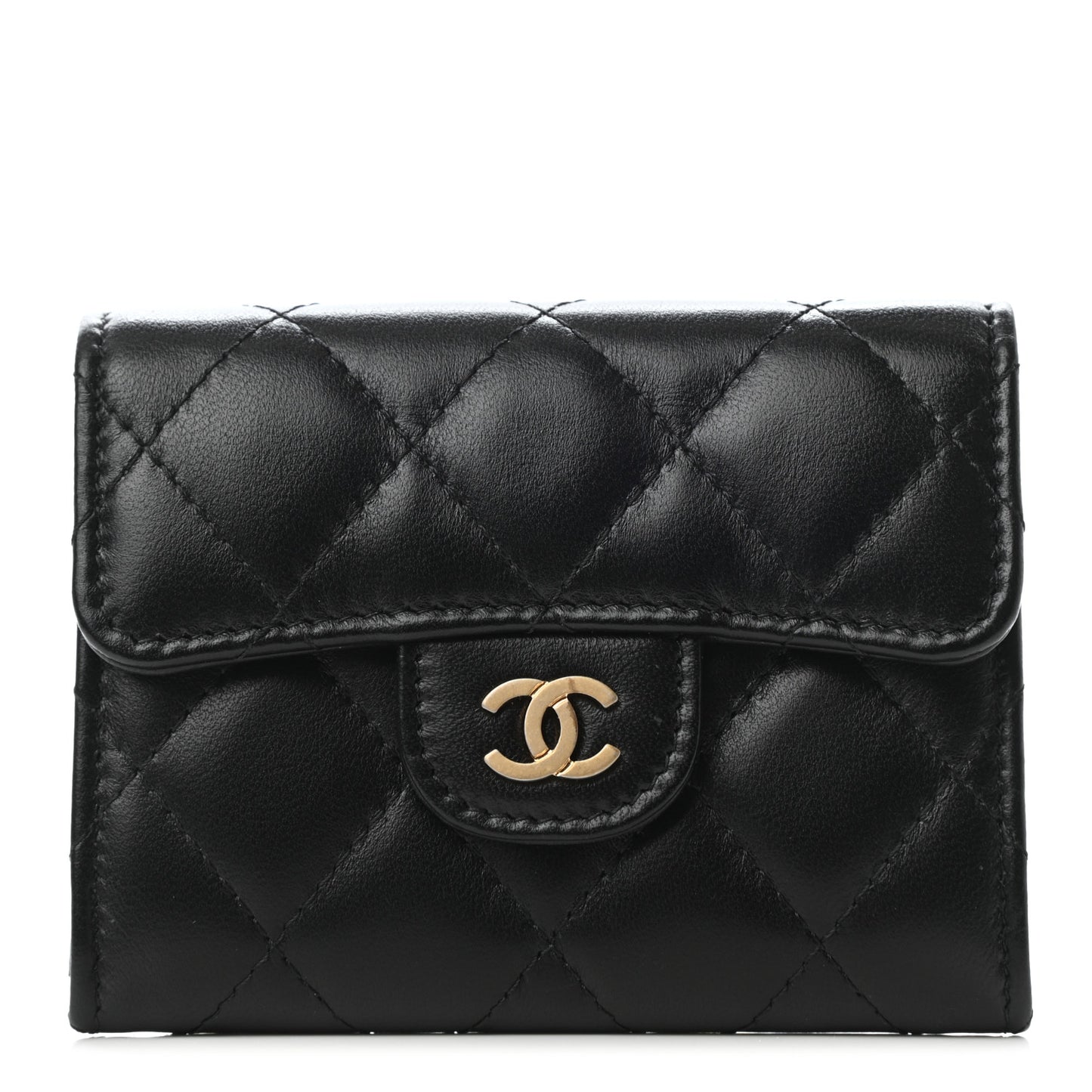 Lambskin Quilted Flap Card Holder Black