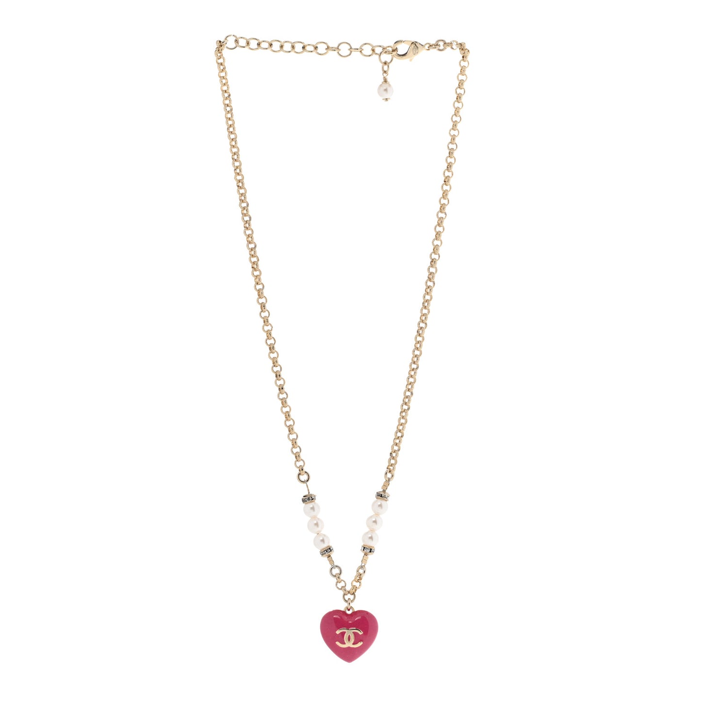 Resin Crystal Pearl Chain Heart CC Drop Necklace Pink White Gold