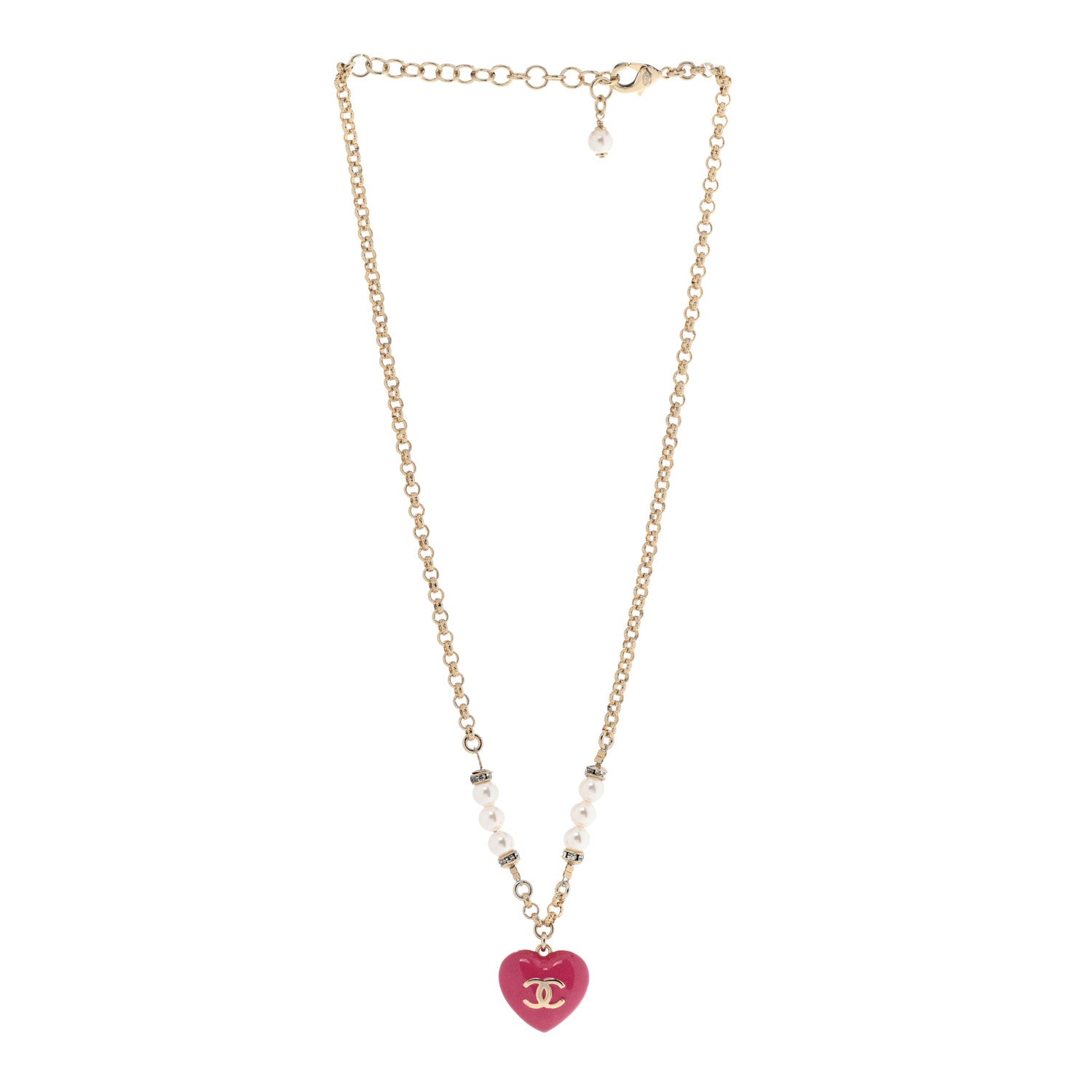 Chanel Resin Crystal Pearl Chain Heart CC Drop Necklace Pink White Gold 4 of 9