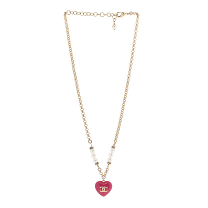 Chanel Resin Crystal Pearl Chain Heart CC Drop Necklace Pink White Gold 4 of 9