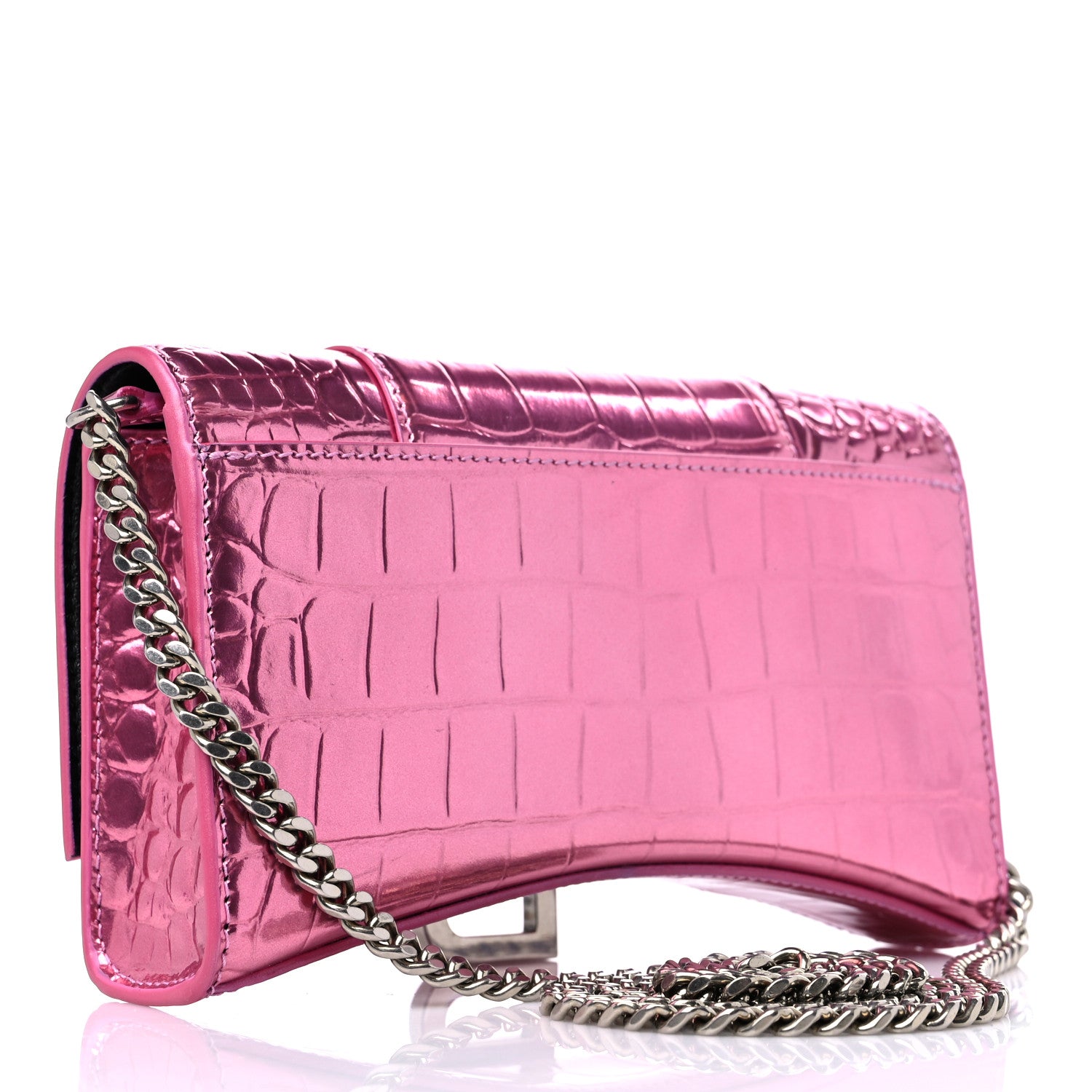 Balenciaga Metallic Shiny Calfskin Crocodile Embossed Hourglass Chain Bag Pink 3 of 10