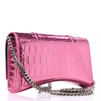 Balenciaga Metallic Shiny Calfskin Crocodile Embossed Hourglass Chain Bag Pink 3 of 10