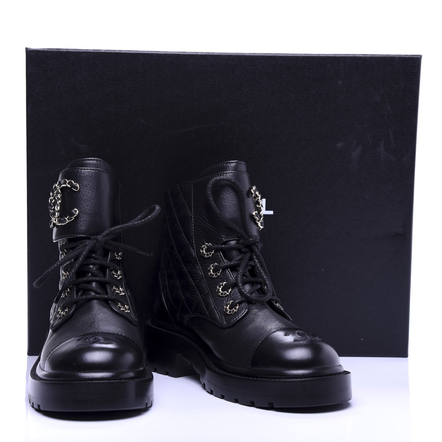 Shiny Goatskin Calfskin Quilted Lace Up Combat Boots 35.5 Black
