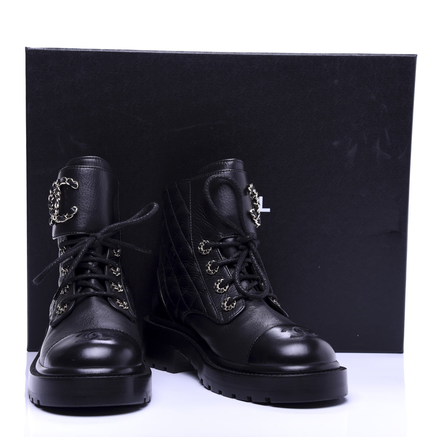 Chanel Shiny Goatskin Calfskin Quilted Lace Up Combat Boots 35.5 Black 10 of 10